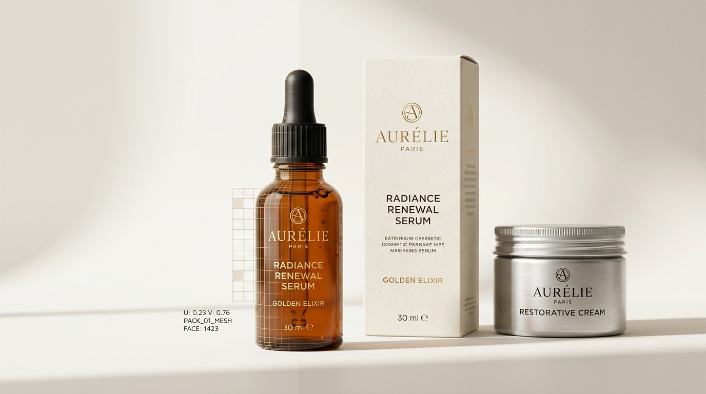 CGI im Packaging: &Uuml;bergang vom 3D-Drahtgittermodell zum fotorealistischen digitalen Packshot einer Kosmetikflasche mit Faltschachtel